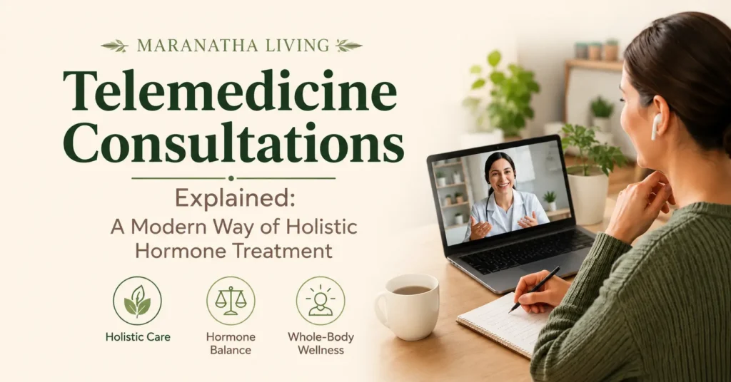 Woman attending a telemedicine consultation on a laptop for holistic hormone treatment with Maranatha Natural Living.