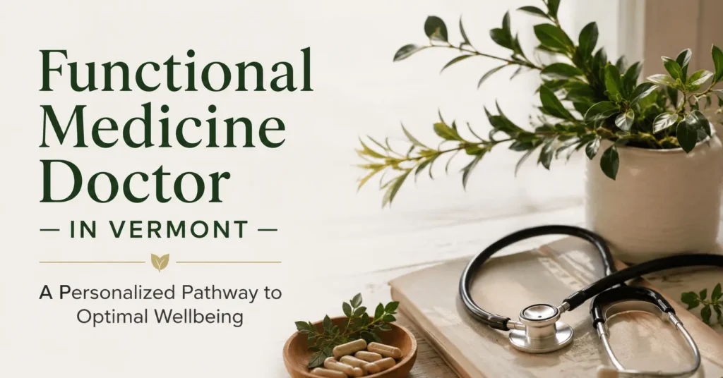 Functional medicine doctor in Vermont banner featuring holistic wellness elements including a stethoscope, natural supplements, and greenery representing personalized healthcare and optimal wellbeing.